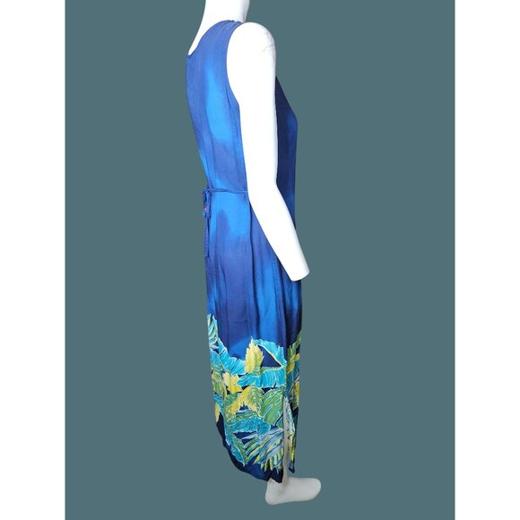 Darian Vintage Tropical Blue Sleeveless Dress Banana Leaf Print Waist Tie Size 6 - Picture 3 of 9